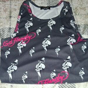 Ed Hardy Black Crop Tank with White Skull Print and Pink Logo